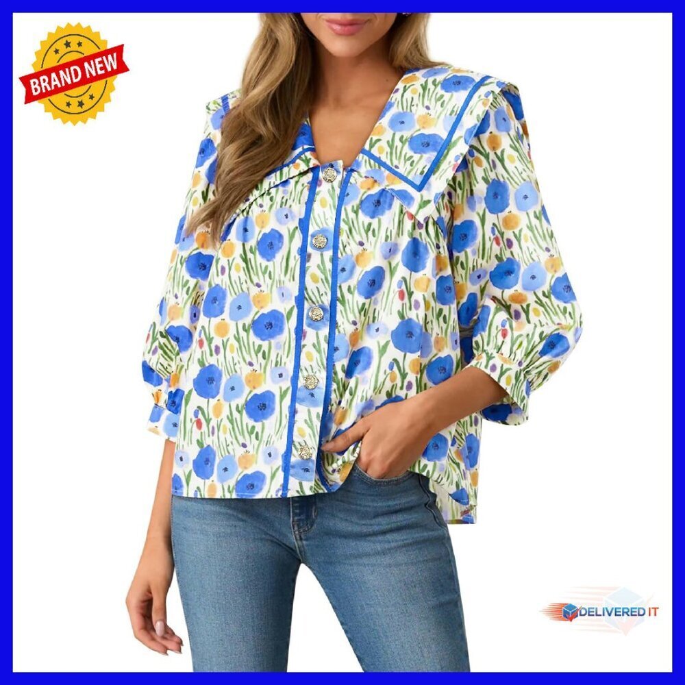 100% Cotton Button Down Blouse 3/4 Sleeve V Neck Floral Collar